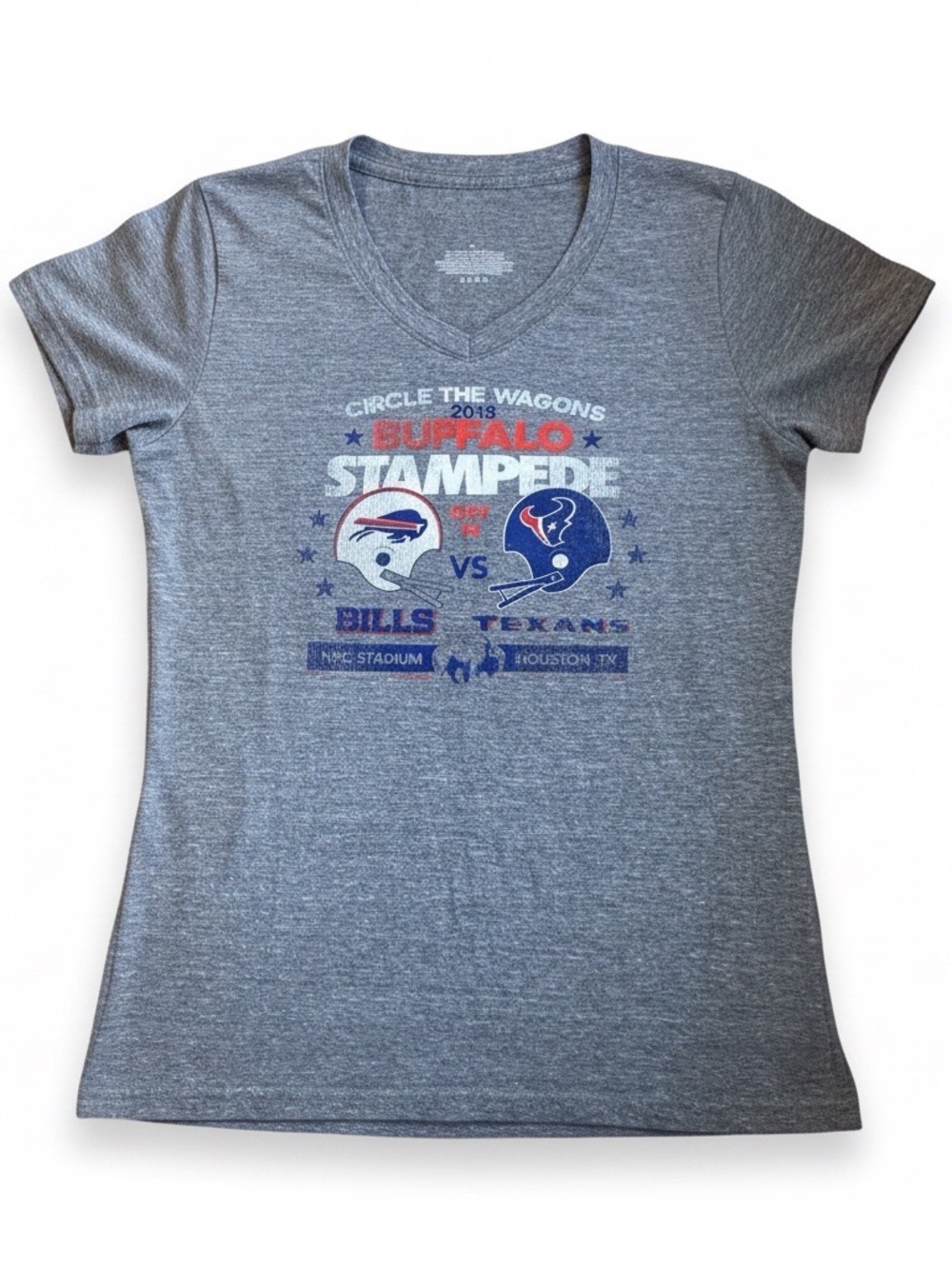 NFL Buffalo Bills vs Texans Graphic Tee Women, XL V-Neck T-Shirt Heather Gray